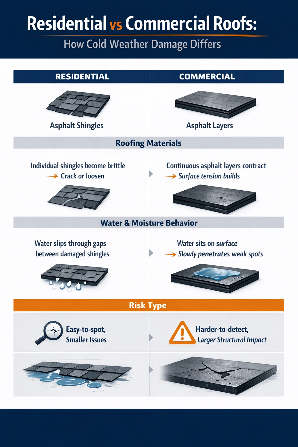 residential vs commercial roof damage in cold weather